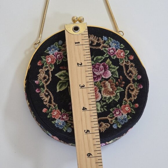 Vintage Floral Petit Point Purse Round Needlepoint Tapestry Evening Bag Clutch - Picture 4 of 16